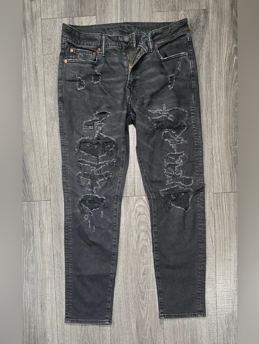 American Eagle Black Distressed Ripped Skinny Jeans Men’s 32x32 Stretch #714